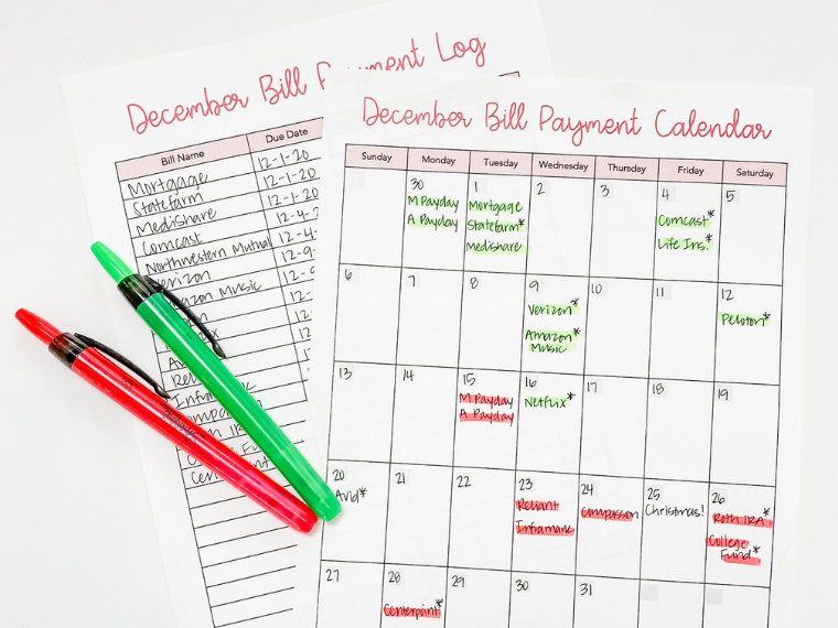 Bill payment calendar and bill log