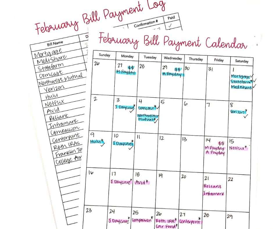 budget calendar and bill payment log