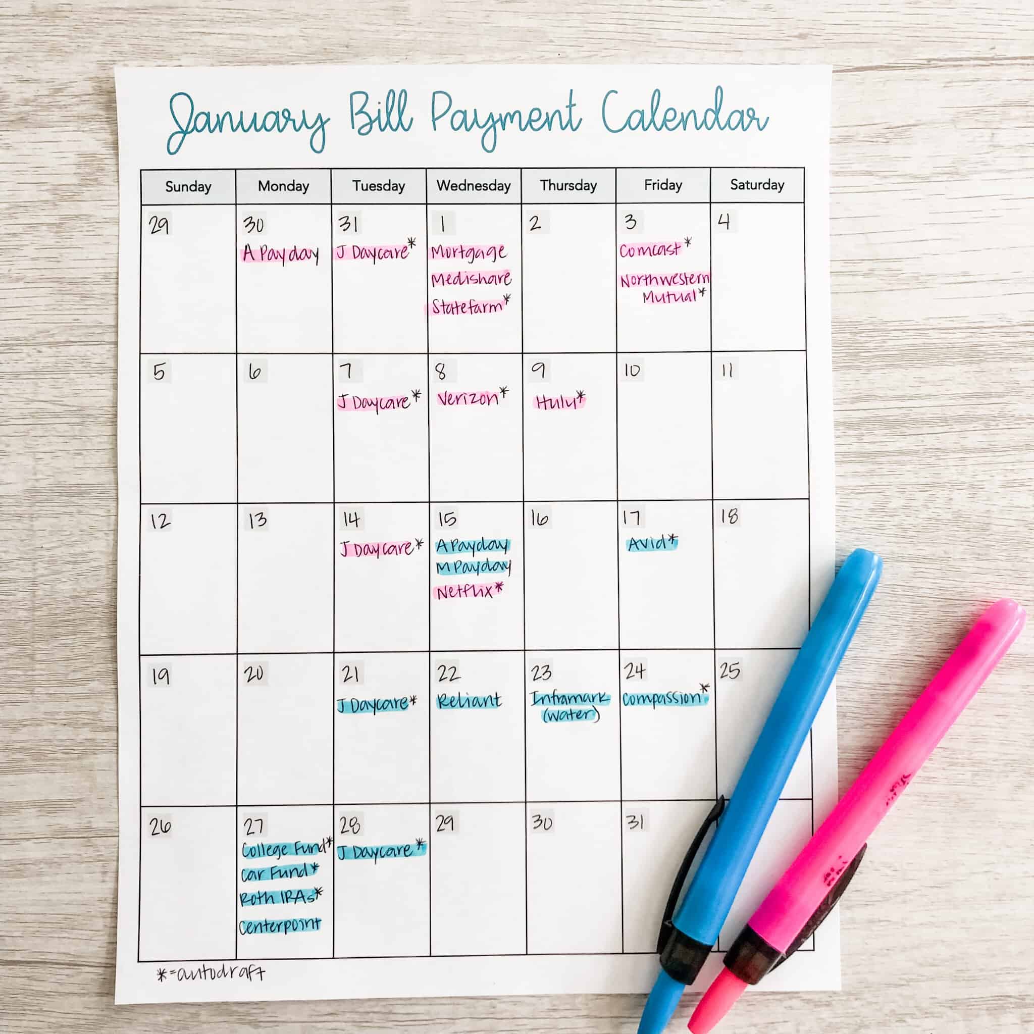 bill payment calendar for biweekly budget