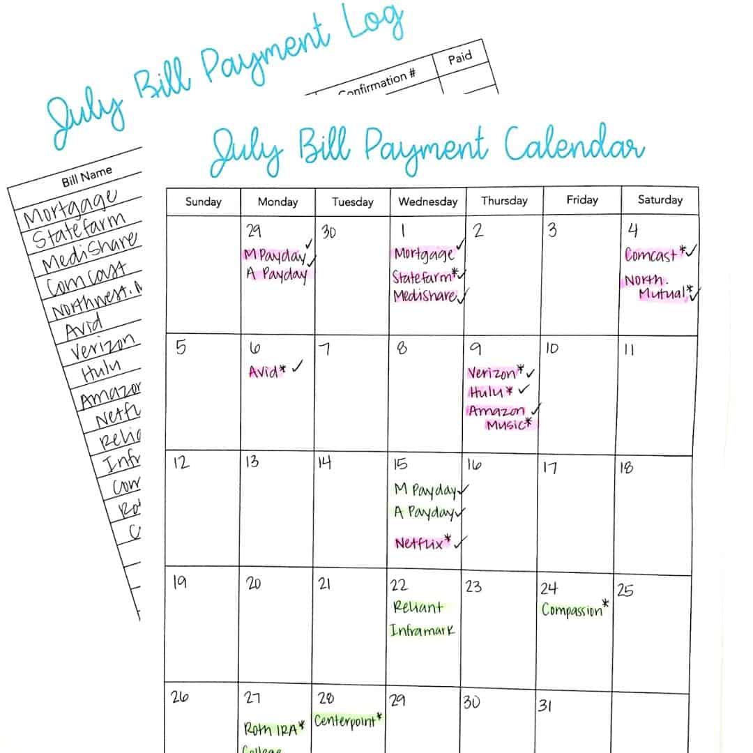 bill payment calendar and bill payment log