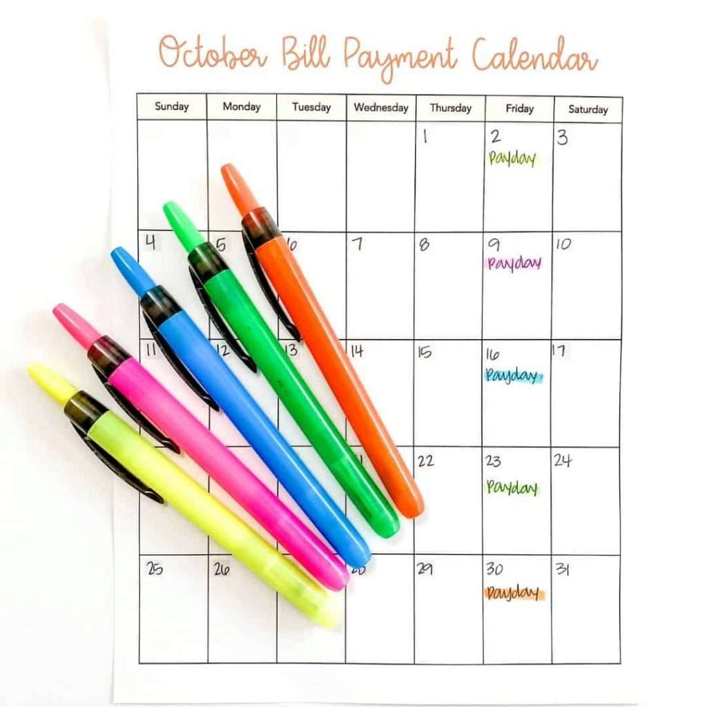 bill payment calendar with highlighters