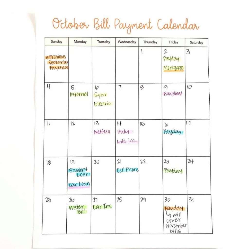 October bill payment calendar with bills highlighted by paycheck