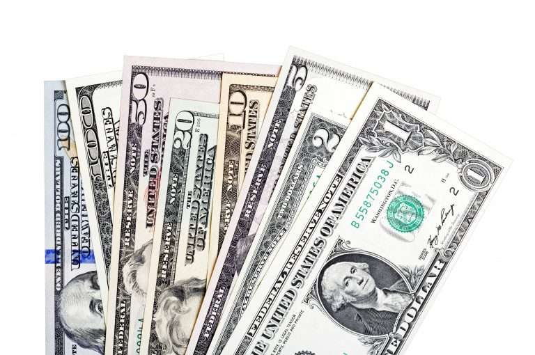 1, 2, 5, 10, 20, 50, 100 U.S. dollars bills, isolated on white background