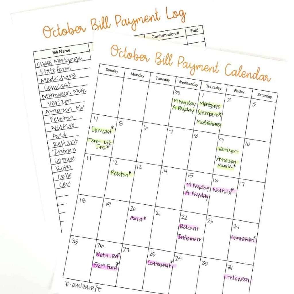 bill payment calendar template for budgeting