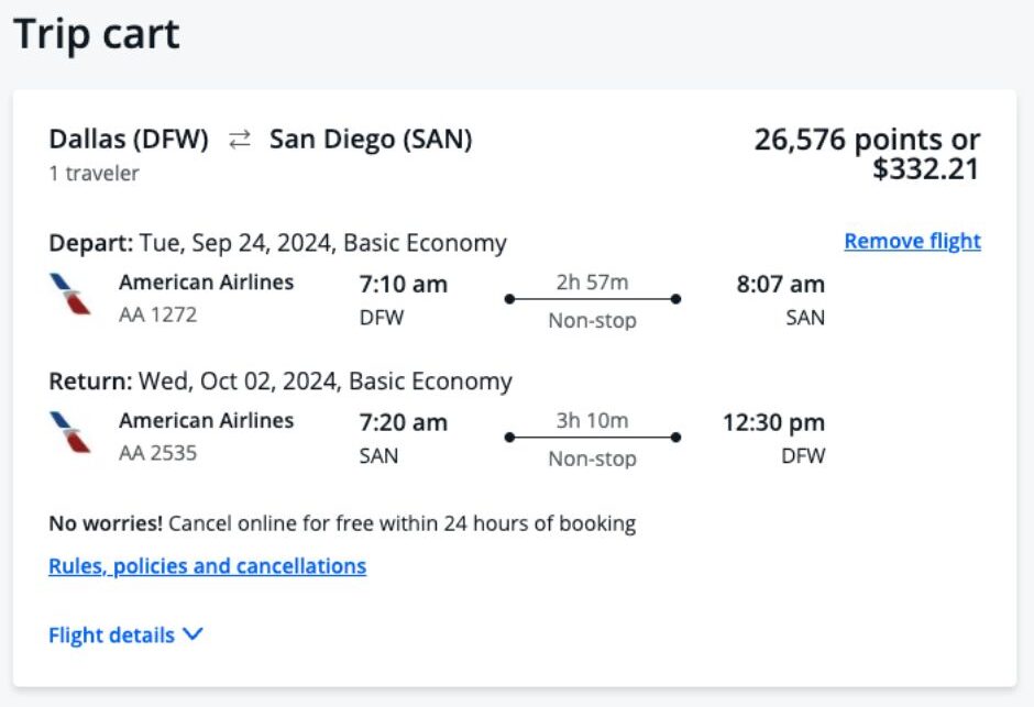 Dallas to San Diego flight details and cost